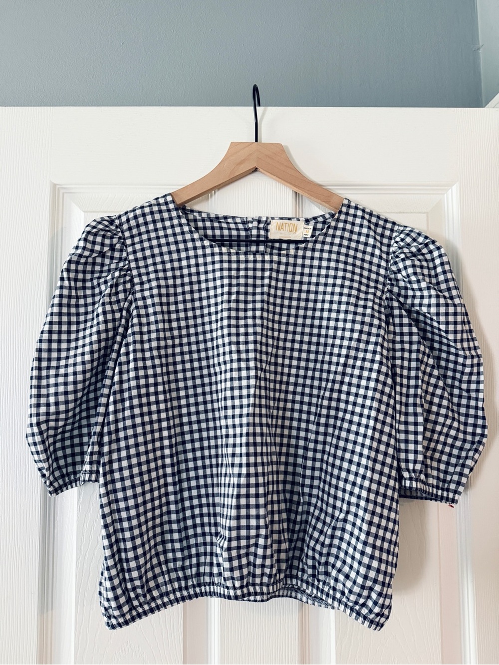 Nation Ltd Gingham Top Puff Sleeve Pima Cotton Blue